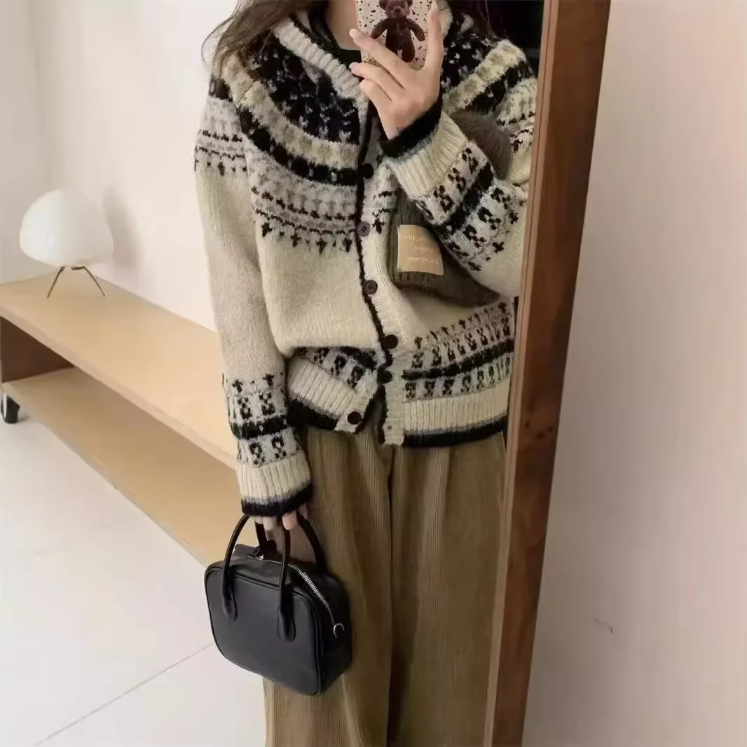 Pull à capuche en Jacquard rétro Style Fair Island pour femme, Cardigan tricoté doux et gluant, nouv