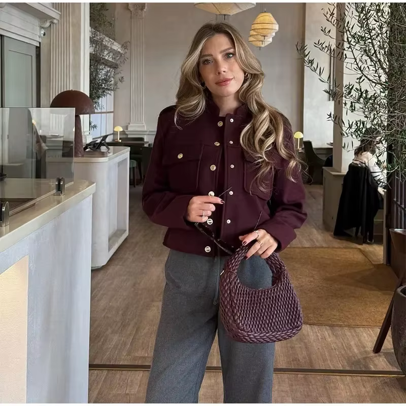 Veste courte à col montant pour femmes, manteau Vintage décontracté à Double boutonnage