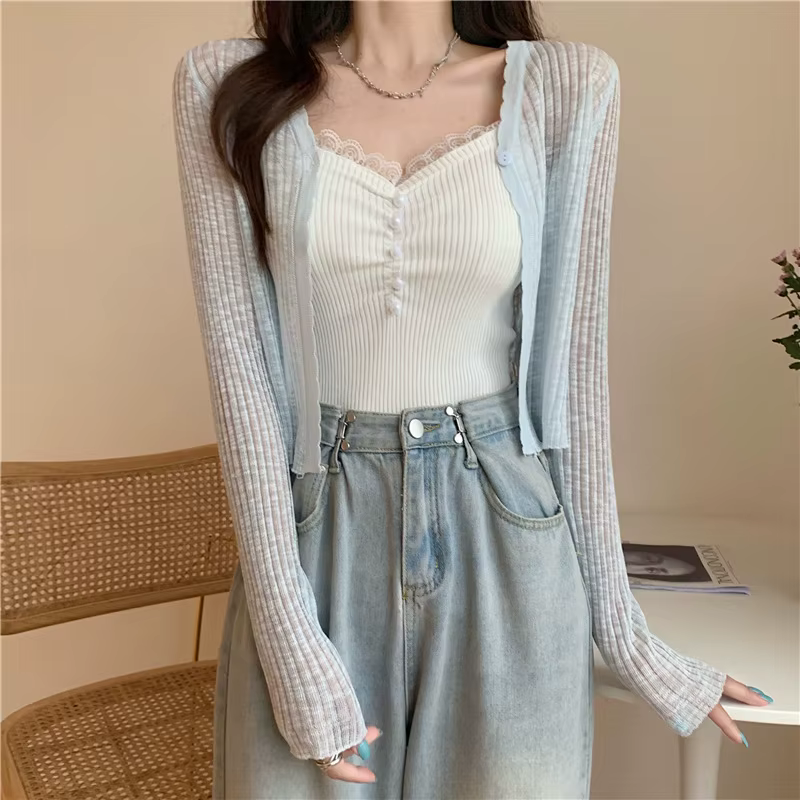 Cardigan court en tricot léger pour femme, couleur pastel estivale, manches longues, boutons sur le