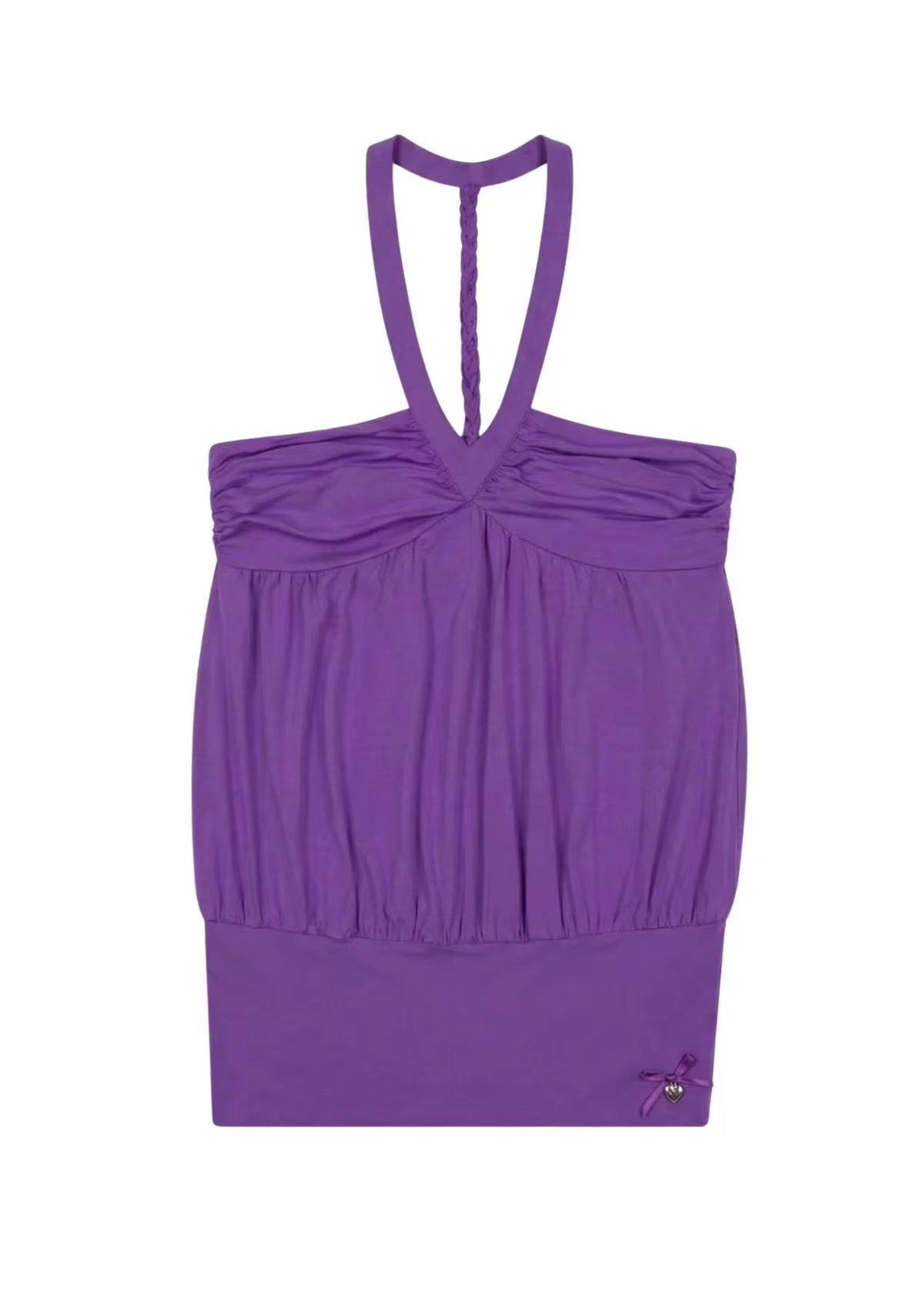 Haut jaune Niihai à col halter avec design plissé en V et gilet dos nu violet à lacets tressés