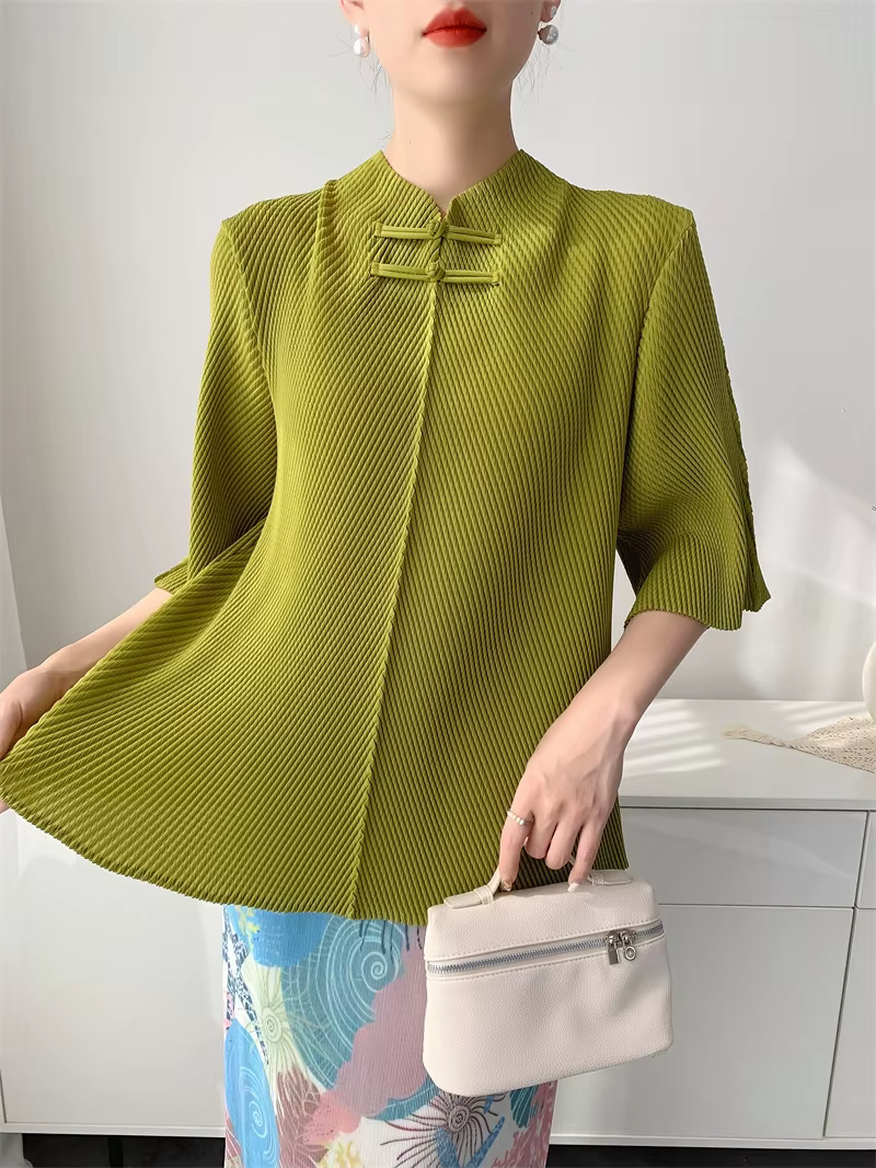 LANMREM noeud chinois bouton conception col montant écailles de poisson plissé femmes T-shirt été 20