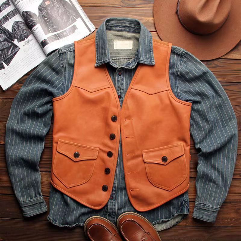 Gilet en cuir Orange Spring pour homme, style rétro, grande taille 5XL, en cuir de vachette véritabl