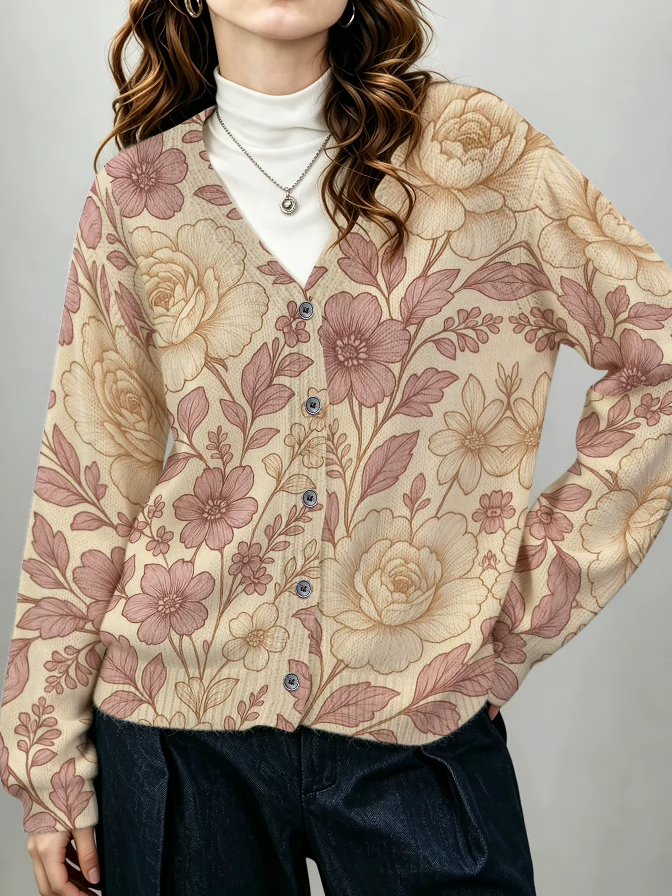 Cardigan boutonné à col en V pour femme, veste fine pour l'automne et l'hiver, motif floral vintage,