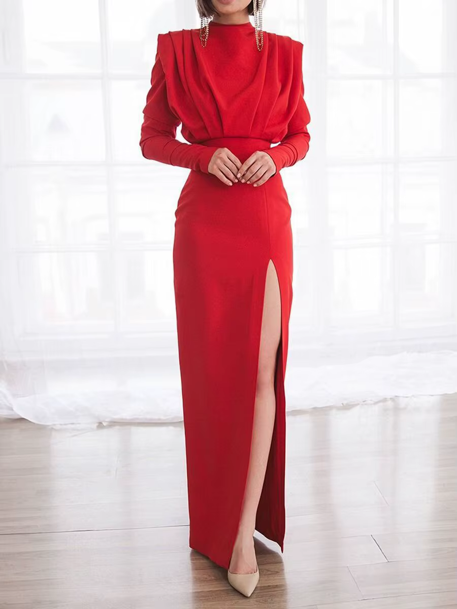 Robe longue fendue à col haut, à la mode, Style élégant, en Fiber de Polyester, manches longues, rob