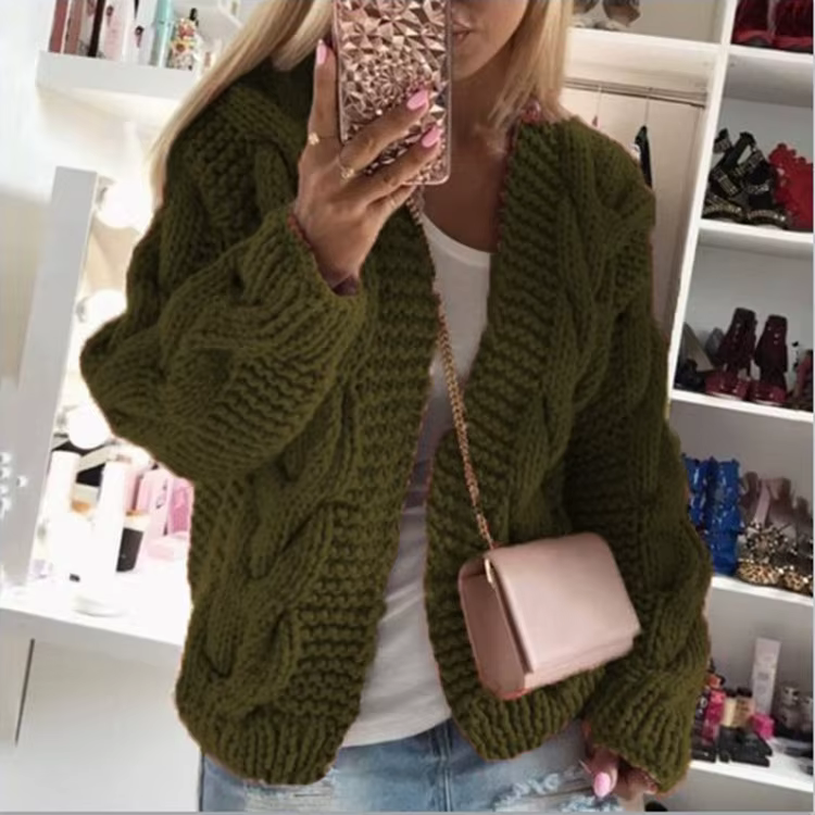 Cardigan sans boutons avec chapeau torsadé, avec capuche, couleur unie, fil épais, pull tricoté déco