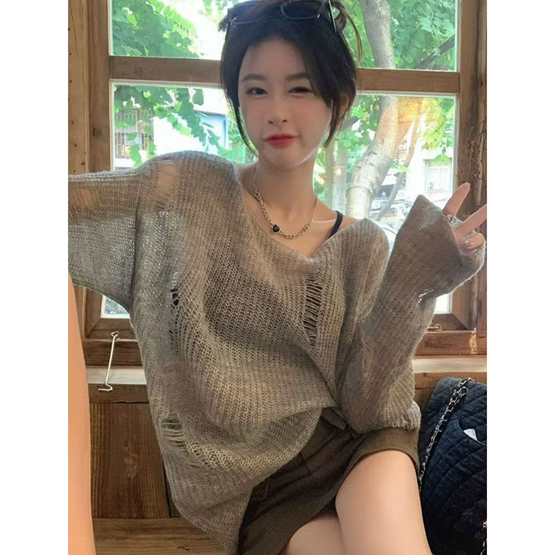 Pulls en tricot à trous style décontracté pour femme, automne, vintage, amples, à manches longues, t