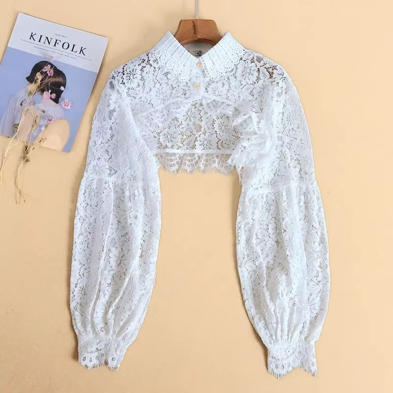 Pull à manches longues en dentelle pour femmes, col boléro, haut court à boutons, chemise en tricot