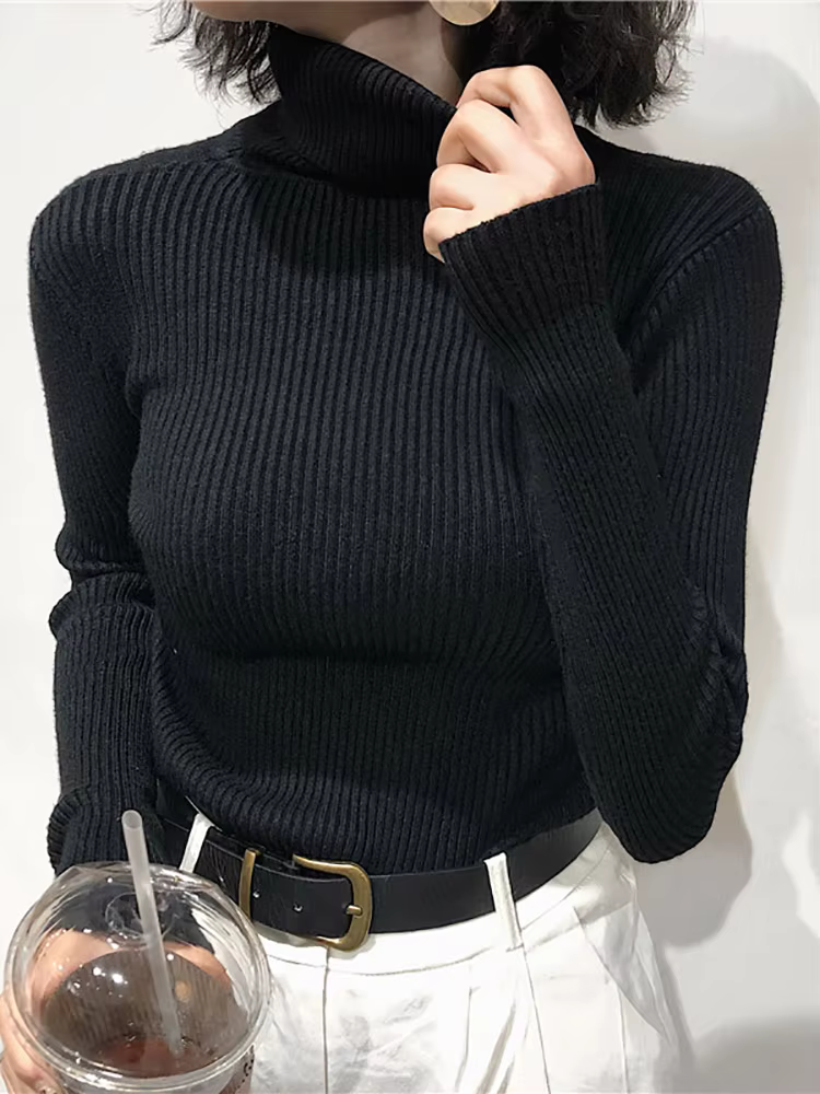 Pull Col Roulé Femme Automne Hiver 2026 – Haut Coréen Slim Tricoté pour Femme – Pull Femme Hiver Tru
