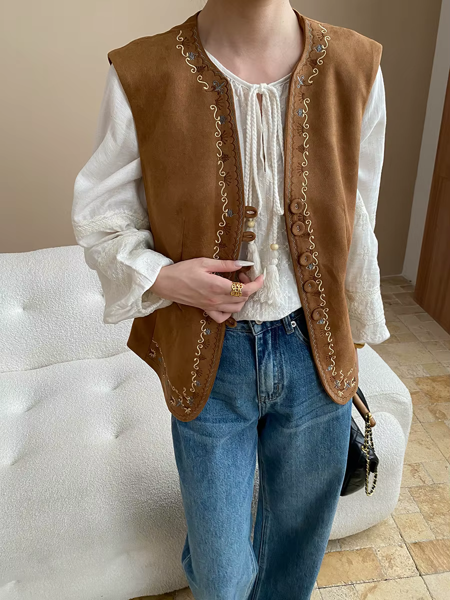 Veste gilet en daim imitation broderie de style ethnique chinois