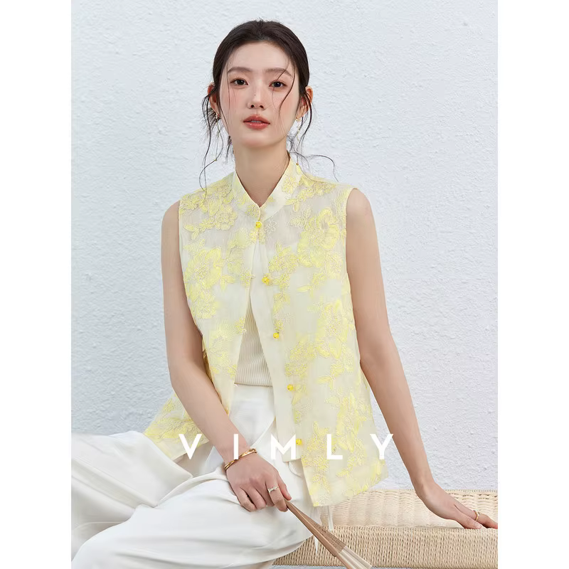 Gilet Femme VIMLY Été 2026 Décontracté Jaune Broderie Florale Col Montant Nouveau Style Chinois Vest