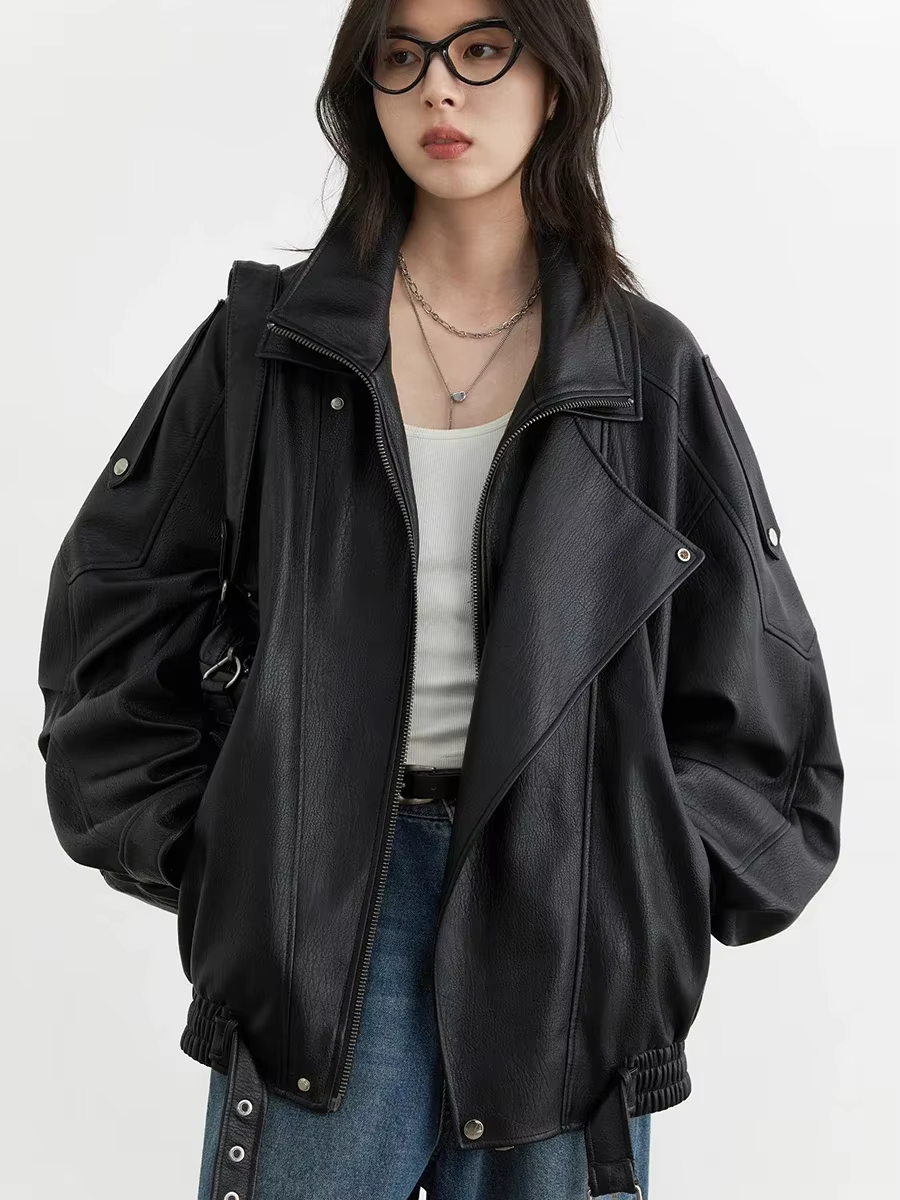 CHIC VEN Veste Femme en Similicuir PU, Coupe Ample, Nouveau Style Rétro, Col Montant, Manteau Moto e