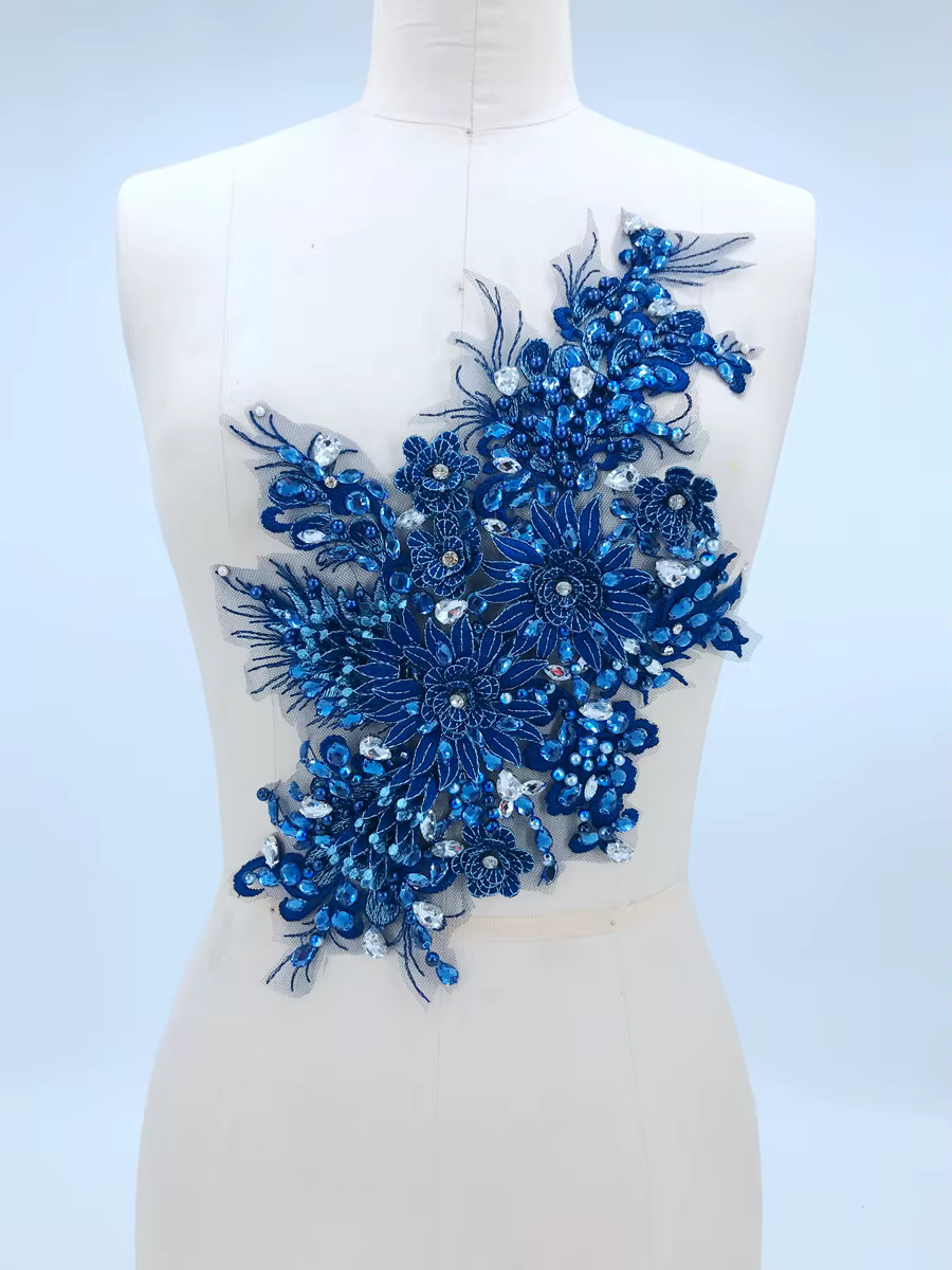 Bleu marine bricolage appliqué perles diamant vêtements décoration robe tissu de luxe à la main 3D p
