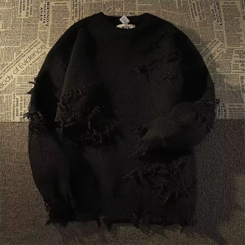 Nouveau pull homme 2026 style jeune et tendance, rétro à trous et franges, à manches longues, ample