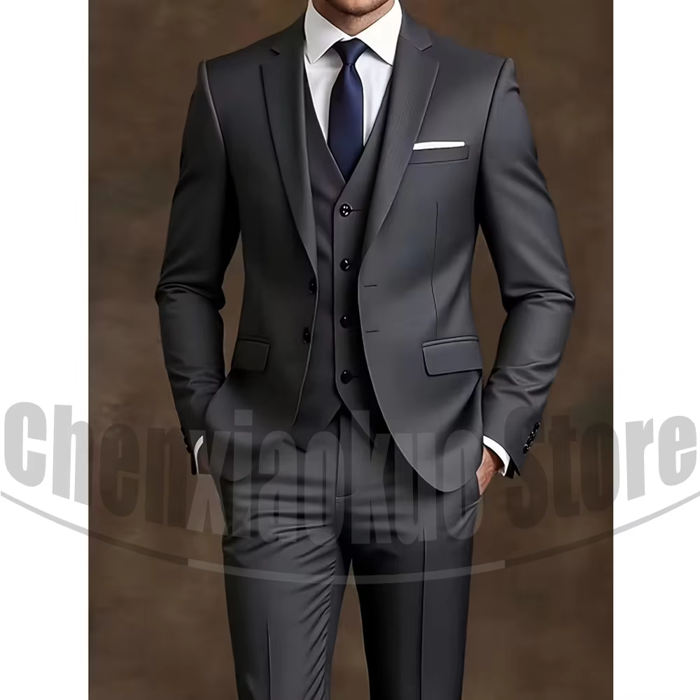 Costume chic pour homme 3 pièces, blazer à revers cranté, gilet et pantalon, tenue formelle pour aff