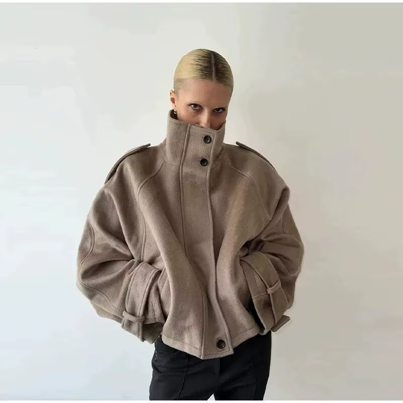 Nouvelle Veste Femme à Col Montant, Manches Longues, Simple Boutonnage, Poches, Coupe Ample, Mode Au
