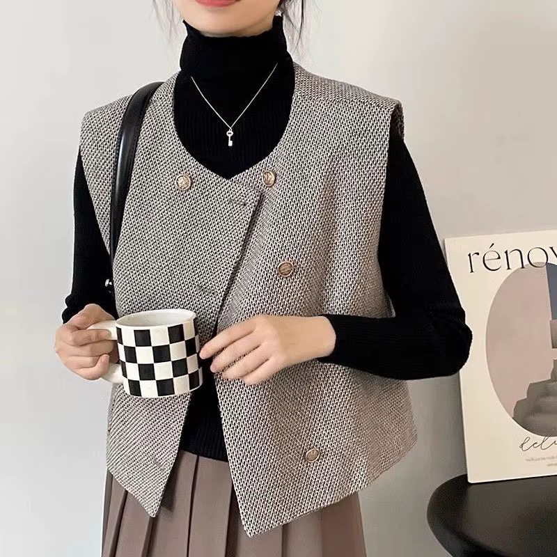 Gilet court coréen en Tweed pour femmes, Vintage, assorti avec tout, Double boutonnage, hauts sans m