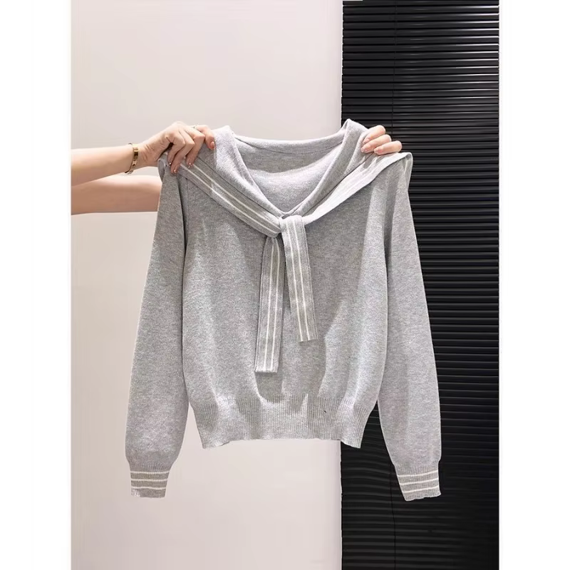 Pull tricoté épissé à col bleu marine pour femme, haut à manches longues, Design polyvalent, à la mo