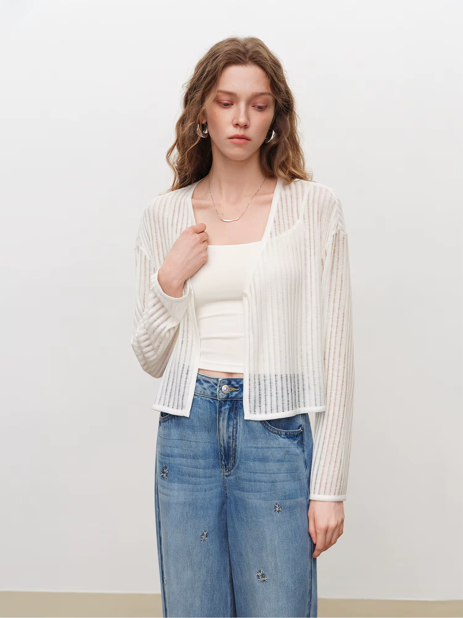 ZIQIAO 2026 – Cardigan court ajouré à col en V pour femme, en maille ajourée à manches longues, idéa