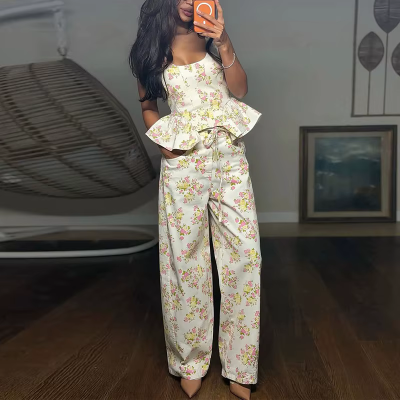 Ensemble élégant imprimé pour femme : Gilet sans manches et pantalon large à volants – Collection Pr