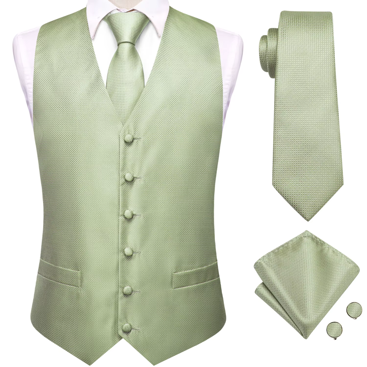 Gilet de costume homme vert sauge uni à motif floral, ensemble 4 pièces, avec gilet bleu tissé, crav