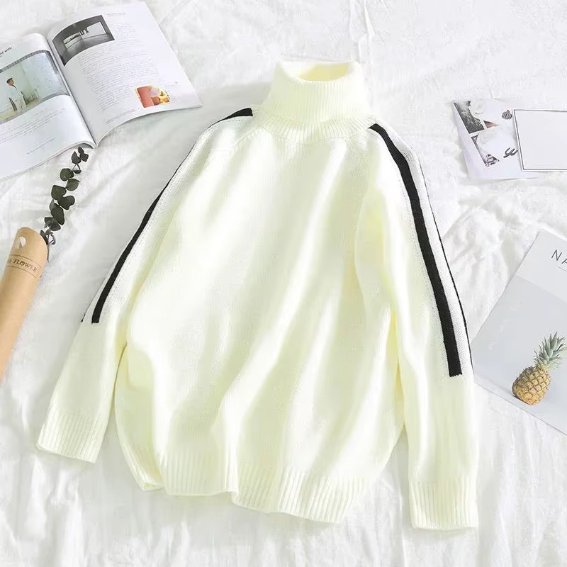 Pull en tricot homme rayé pulls vêtements pour hommes blanc col haut Harajuku décontracté col roulé 