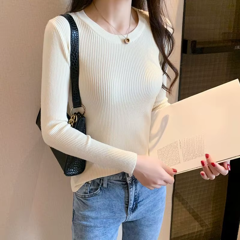Pull en maille à col rond pour femme, manches longues, coupe ajustée, haut polyvalent et tendance po
