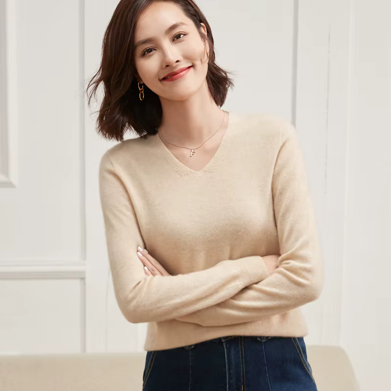 100% pur cachemire femmes pull col en v à manches longues 2025 automne hiver chaud doux tricot pull 