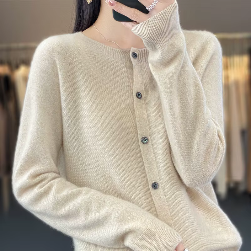 Cardigan en laine pure 100% pour femme, pull en cachemire, col rond, chemise chaude en tricot, nouve