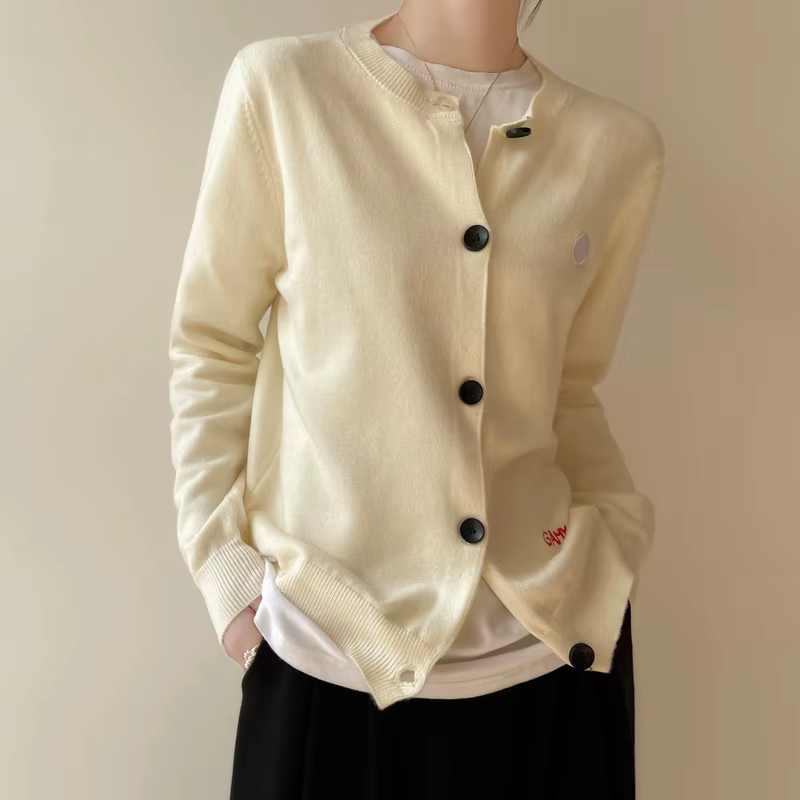 Cardigan en laine pour femme, nouvelle collection printemps-automne, col rond, broderie petite patte
