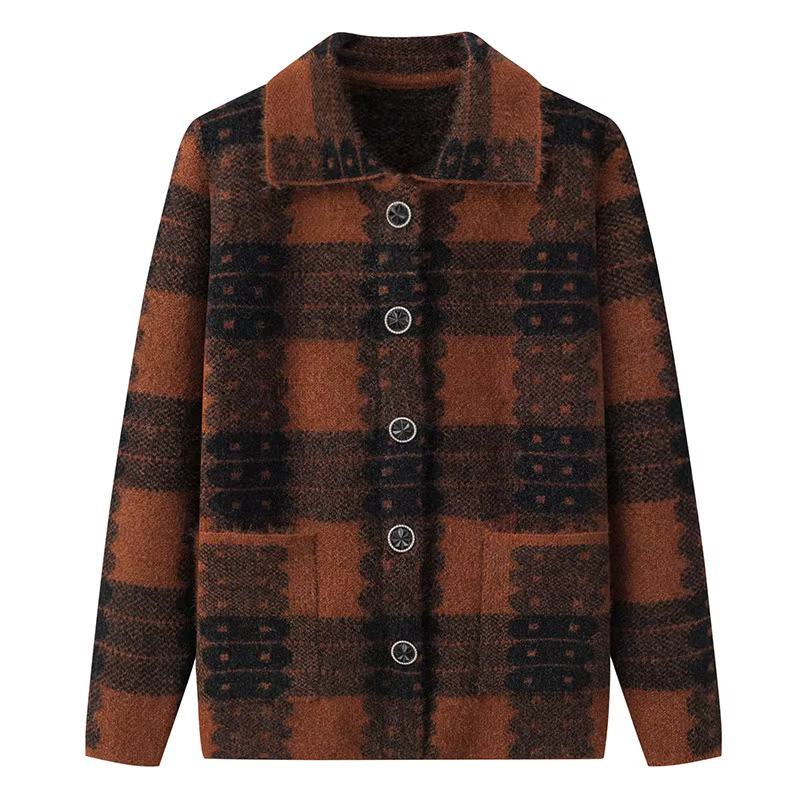 Cardigan en laine à carreaux pour femmes d'âge moyen, pulls en tricot, manteau chaud, épais en Y, gr