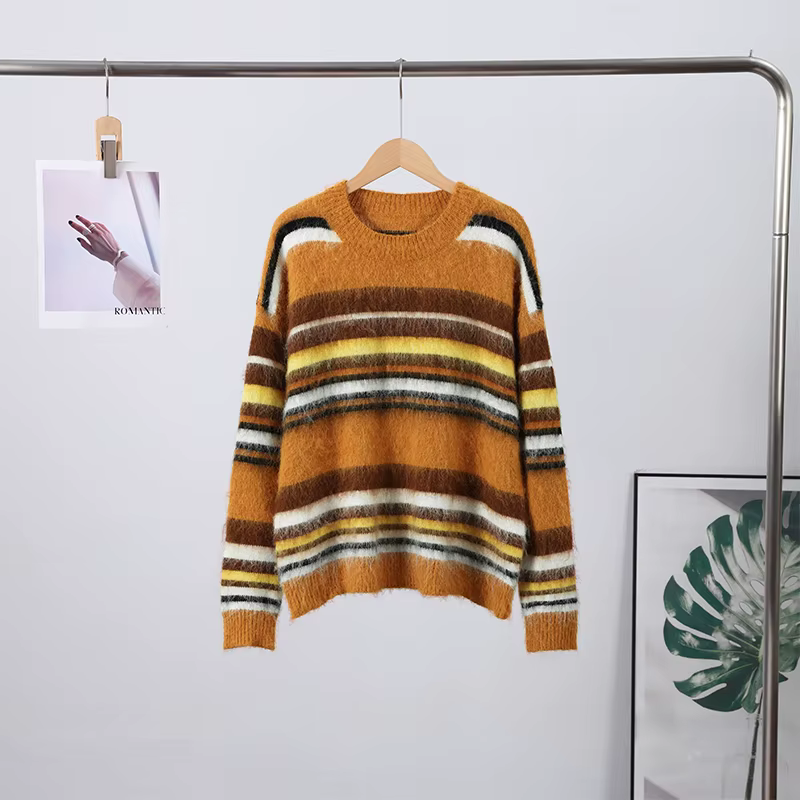 Rétro Mohair rayé pull femmes décontracté en peluche ample col rond manches longues chandails femme