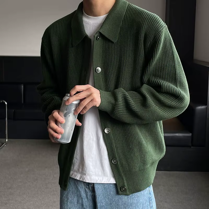 Cardigan en maille vert foncé à revers pour homme, collection Printemps-Été – Style décontracté et p