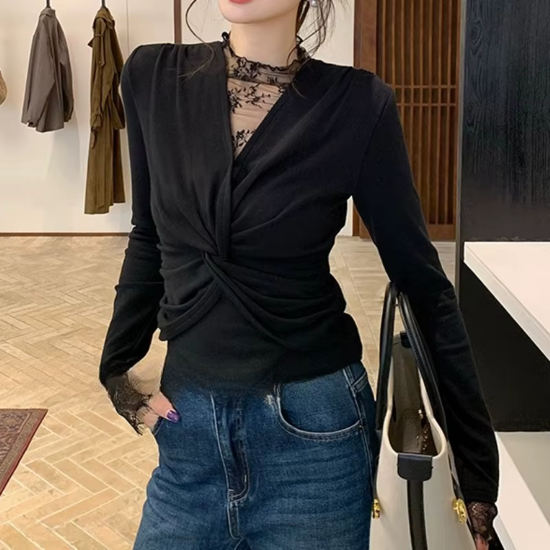 Pull en tricot torsadé en dentelle et col en v pour femme, pull polyvalent, tempérament d'hiver 2025