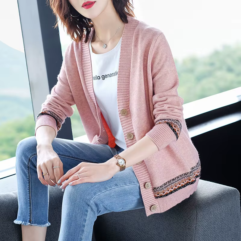 Petit pull tricoté en Jacquard à col en v pour femme, Cardigan, nouveau tempérament, vêtements avec