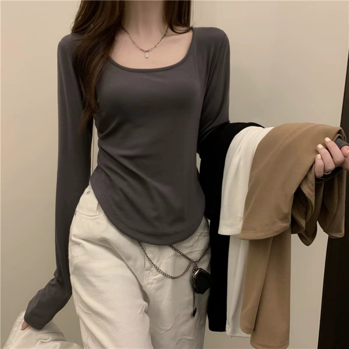 T-shirt à manches longues et col carré pour femme, printemps automne, nouveau, ourlet irrégulier, ha