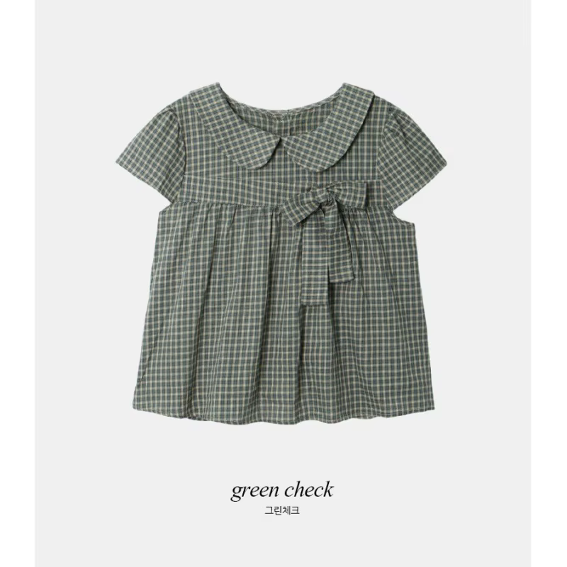 Chemise pour femme à manches courtes, style japonais rétro, col de poupée avec nœud papillon, tissu