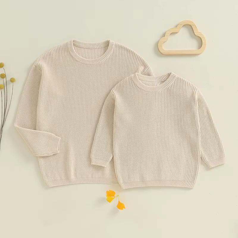 Pull assorti maman et moi, couleur unie, côtelé, manches longues, col rond, hauts en tricot épais, m