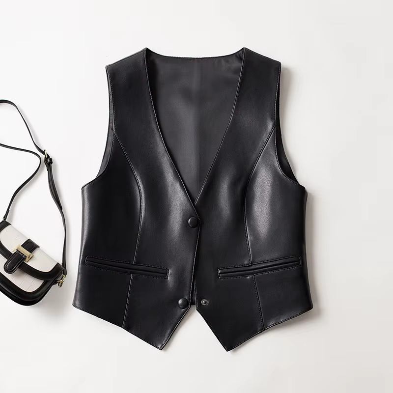 Nouveau gilet en cuir pour femmes Printemps Automne Veste en peau de mouton sans manches à col en V
