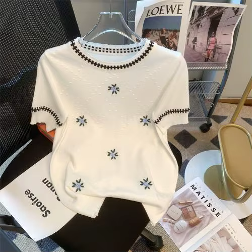 Pull en tricot brodé de fleurs de luxe pour femmes, hauts d'été à manches courtes, T-shirts tricotés
