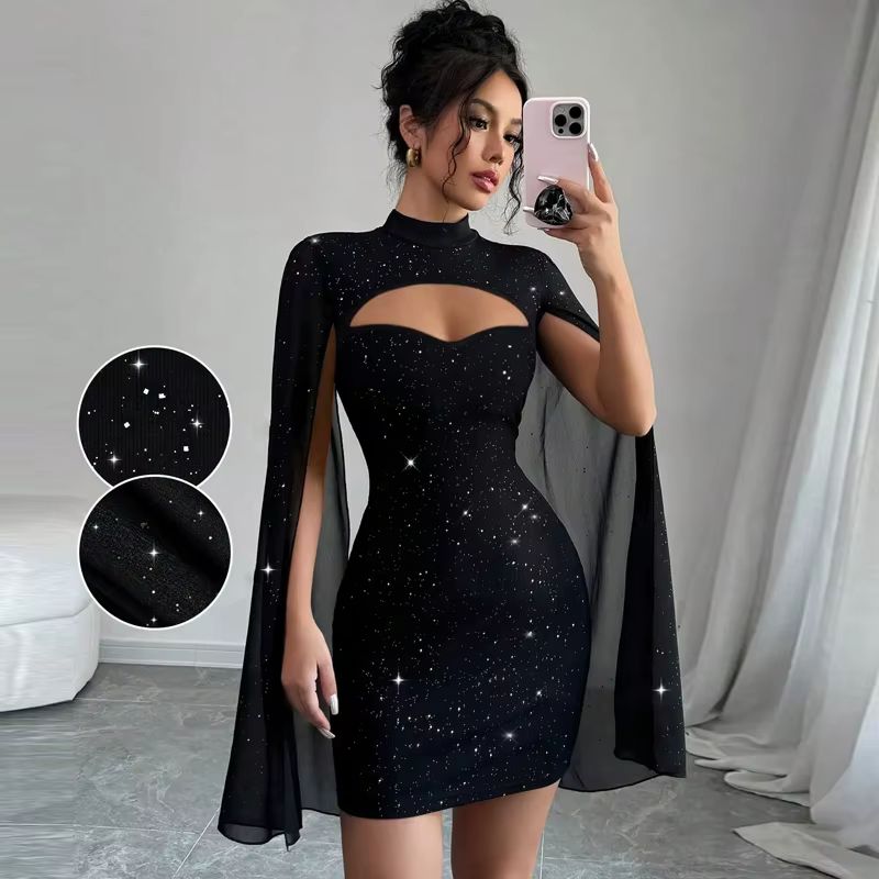 Robes pour femmes nouveau à manches longues col montant femmes robe mince noir paquet hanche robe fe