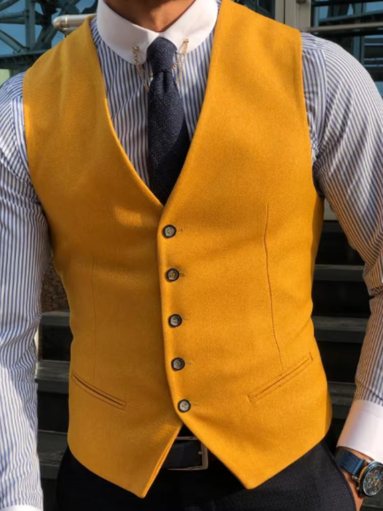Hommes gilet jaune solide col en V simple bouton gilet pour fête de mariage Banquet affaires décontr