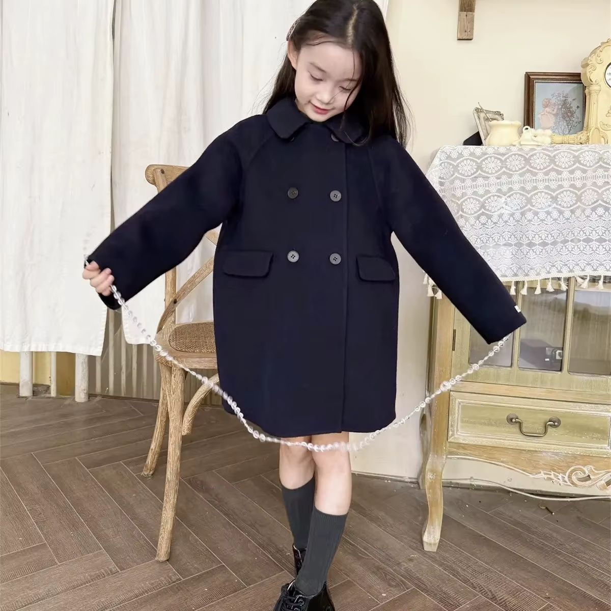 Manteau en Laine Double Boutonnage pour Filles, Nouvelle Mode, Col Claudine, Double Face, Veste Mi-L