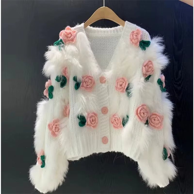 Pull pour femme, nouveau modèle, fleurs de rose douces en 3D, fleurs de rose en crochet, pull pour f