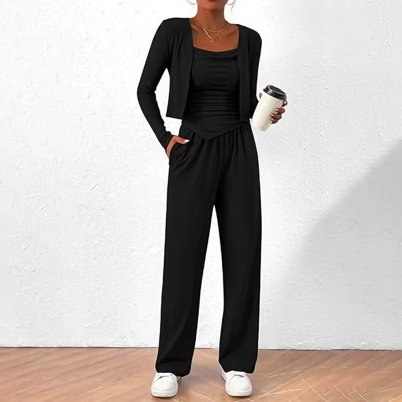 Ensemble trois pièces Cardigan pour femme, gilet décontracté avec pantalon à jambes larges, pour les