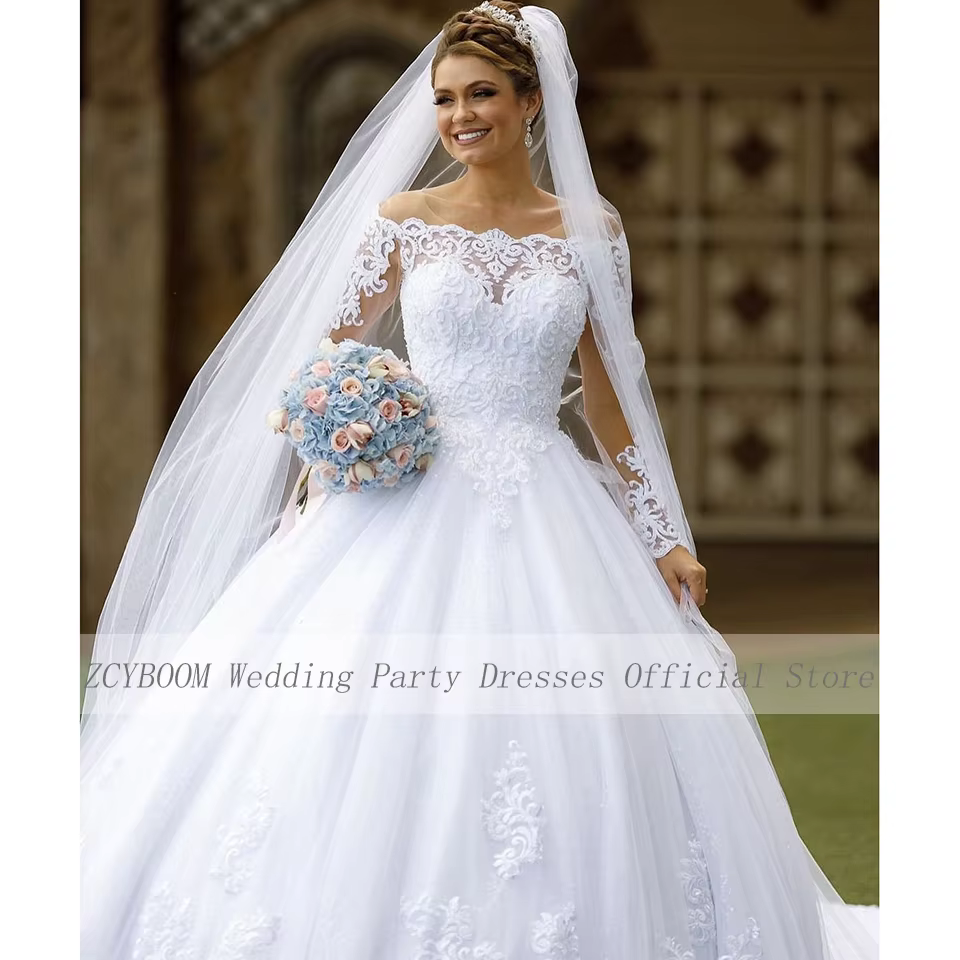 Robe de mariée sur mesure, col bateau blanc, manches longues, appliques, robe de bal 2026, longueur 