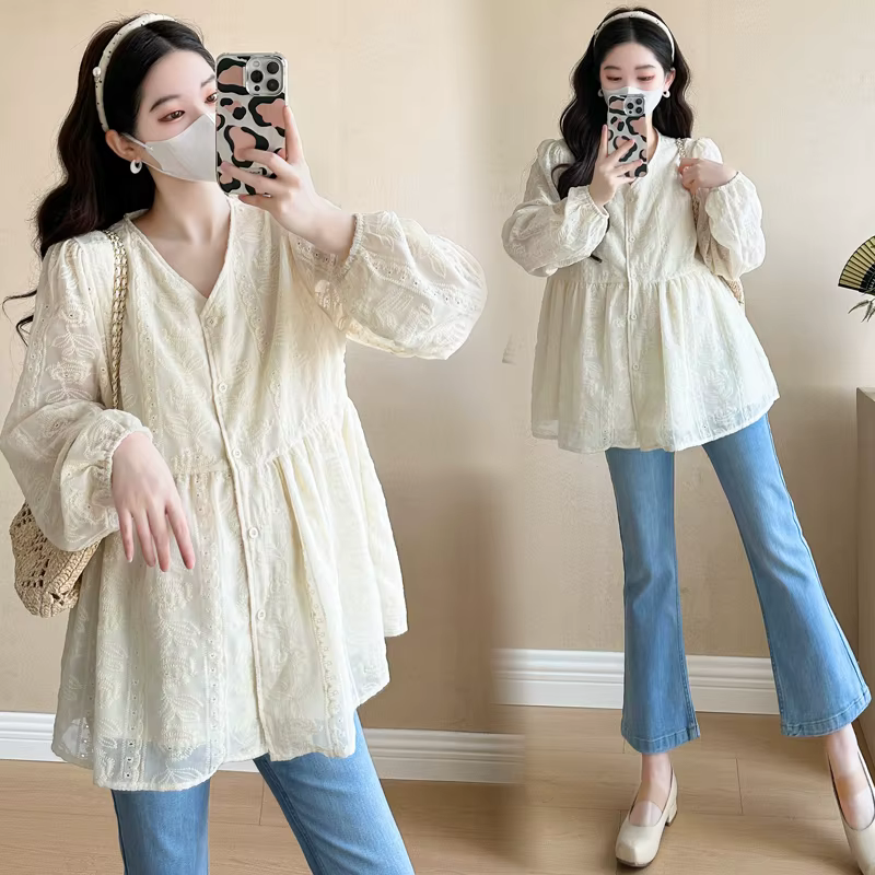 Chemisier rose brodé à col en V pour femmes enceintes, chemise de grossesse, haut de style européen,