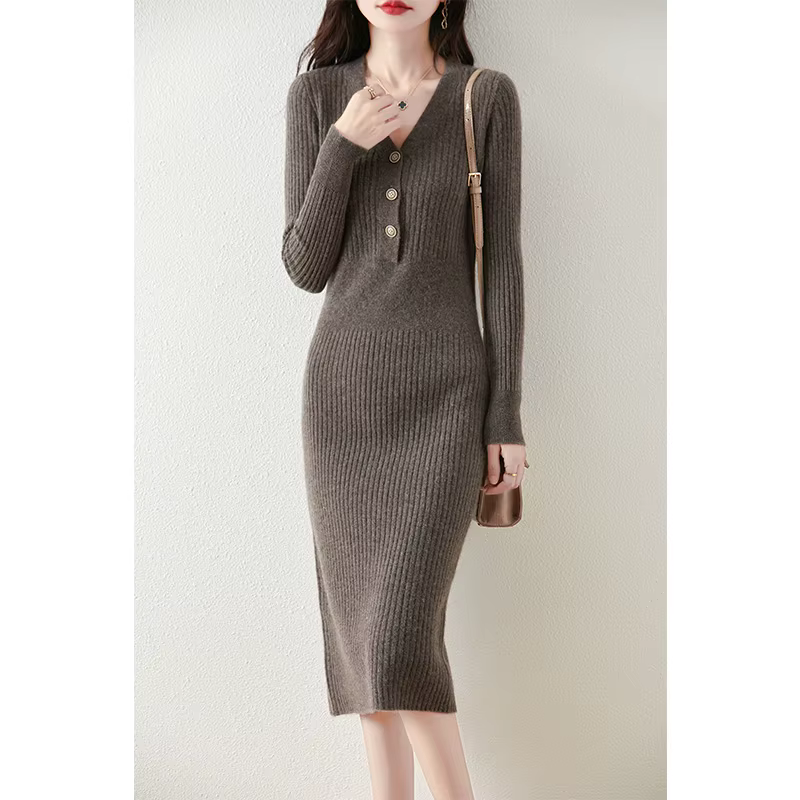 Femmes 100% laine mérinos robe mi-longue pull automne hiver col en v avec boutons pull bas tricots d