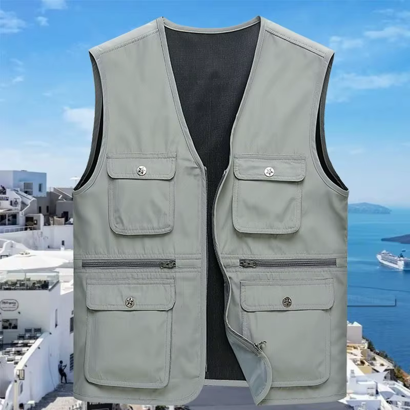 Gilet de pêche d'extérieur pour homme, léger, col en V, avec poches zippées, coupe ample, en tissu p