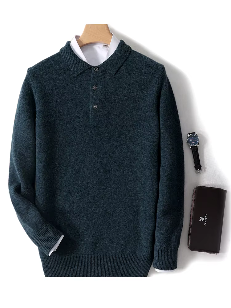 Pull à col POLO pour hommes, épais, manches longues, pulls d'affaires, 100% laine mérinos, chemise e