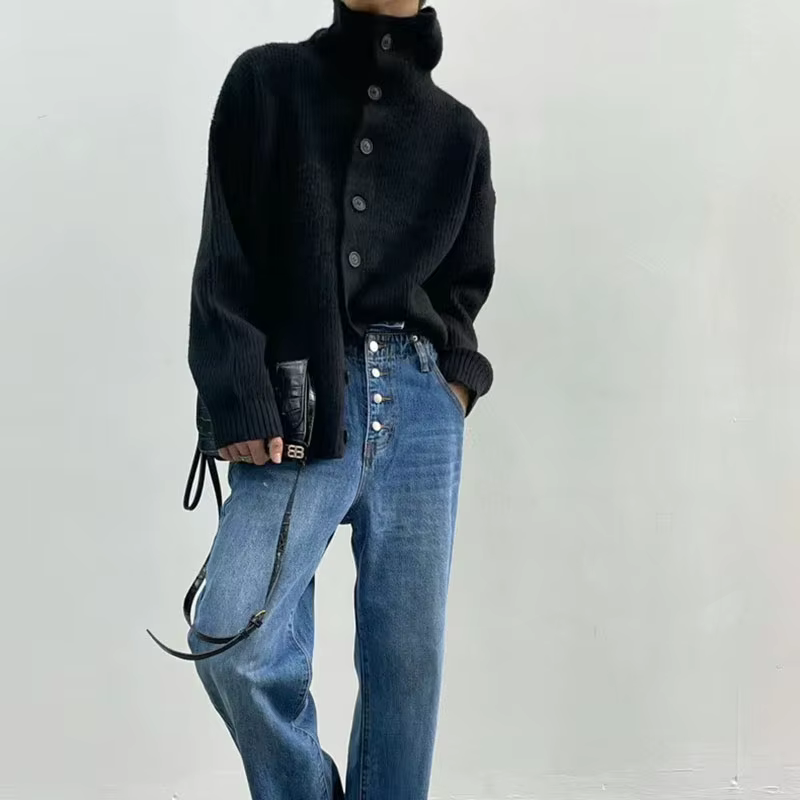 Nouveau pull simple à col roulé pour femme, style streetwear vintage, cardigan ample en tricot, mode